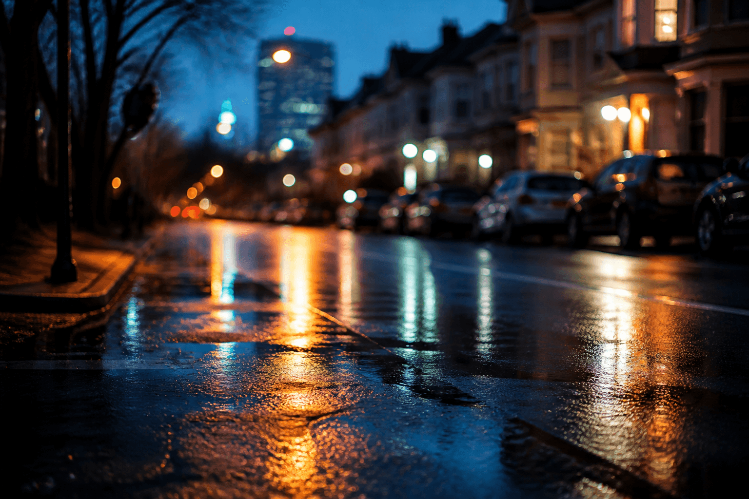 Dusk residential street with soft lens-like bokeh lights